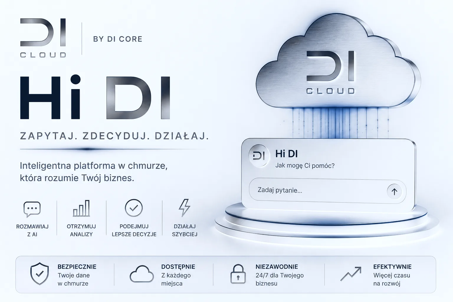DI Cloud — Hi DI. ZAPYTAJ. ZDECYDUJ. DZIAŁAJ. Inteligentna platforma w chmurze, która rozumie Twój biznes.